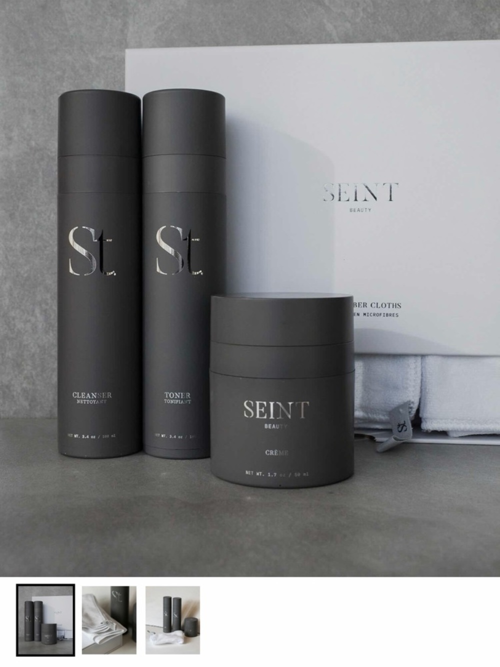SEINT Beauty Skincare Set in Charcoal Gray – Cleanser, Toner & Crème